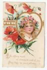 VINTAGE TUCKS BIRTHDAY POSTCARD - LIFE OFFERS MUCH - GIRL WITH FLOWERS IN HAIR