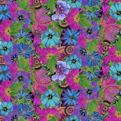 CLOTHWORKS Laurel Burch Earth Song Packed Wild Flowers Dark Orchid Fabric By FQ - 1/4 YD