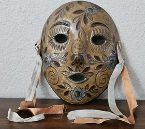 Cloisonne Face Mask Brass Wall Plaque Enamel Paint Solid w/Ribbons. VTG India 7” - Picture 1 of 12