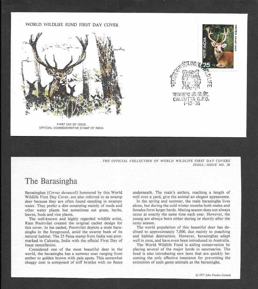 India 1989 Fondo Mundial para la Naturaleza - Ciervo del Pantano Como Nuevo FDC + Inserto y P/Marca Especial Foto 1 de 1