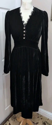 Coast Velvet Long Sleeve V Neck Button Detail Midi Dress in Black UK 8 - Image 1 of 4