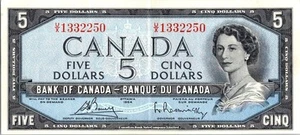 VINTAGE CANADA BANKNOTE 1954 5 DOLLAR PREFIX RX NO507 - Picture 1 of 2