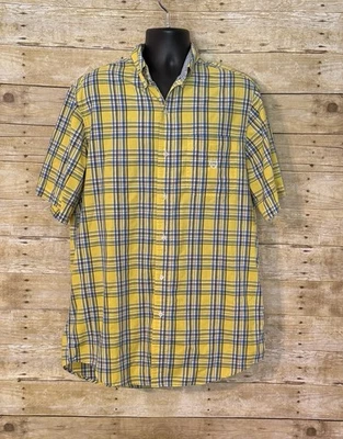 Chaps Mens Easy Care LT Tall Large Button Short Sleeve Shirt Yellow Blue Plaid - Image 1 of 4