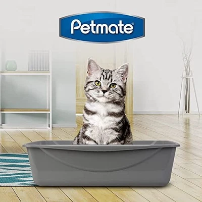 Sartén de arena grande gris para gatos Petmate, caja abierta con borde de plástico para fácil limpieza Foto 1 de 4