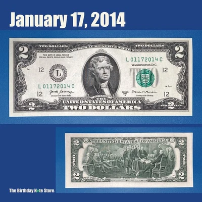 January 17, 2014 Birthday Anniversary $2 Two Dollar Bill Serial Number 01172014 - Image 1 of 2