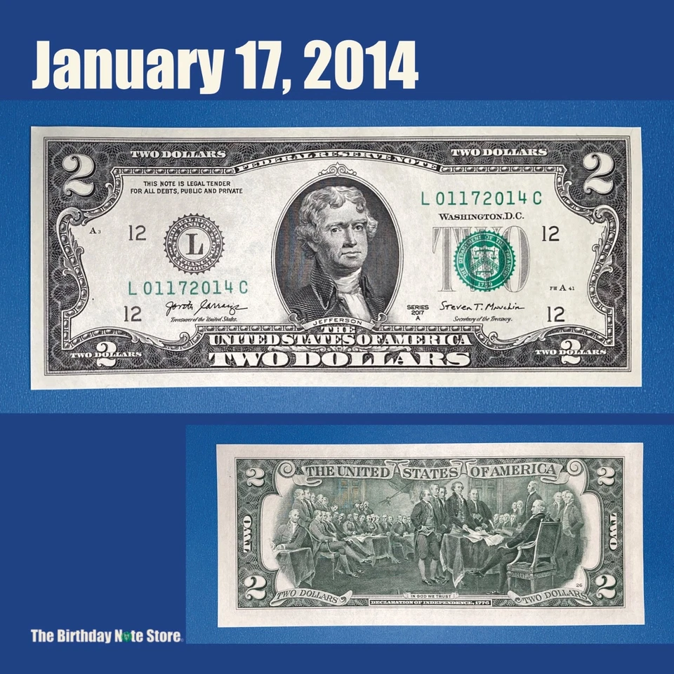 January 17, 2014 Birthday Anniversary $2 Two Dollar Bill Serial Number 01172014 - Image 1 of 2