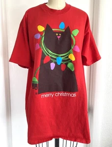 Vintage 1994 Christmas Lights Cat Short Sleeve Shirt XL Fruit Loom Heavy Holiday - Picture 1 of 5