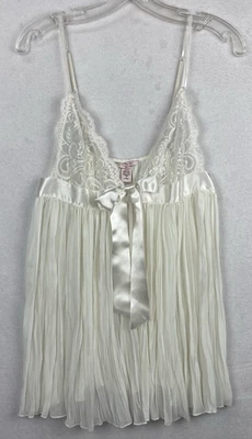 Victorias Secret M Pleated Baby Doll Nighty Lace Satin Lingerie Cream Ribbon - Image 1 of 4