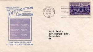First day cover, Scott #835, Constitution, Planty 42 var, Ioor cachet, 1938 - Picture 1 of 1