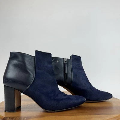 Womens Manolo Blahnik Navy Blue Calf Hair Leather Heeled Ankle Boots Size 38.5 - Image 1 of 4