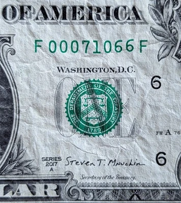 2017 A $1 fancy serial, zip code & date note. July 10, 1966 Powhatan, LA 71066 - Image 1 of 3