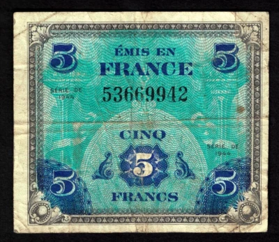 Allied Military Currency USA 5 FRANCS 1944 French flag banknote paper money - Image 1 of 2