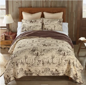 Cowboy Western Cotton Quilt Set Horse Ranch 3 Piece Bedding Equestrian Decor - Picture 1 of 6