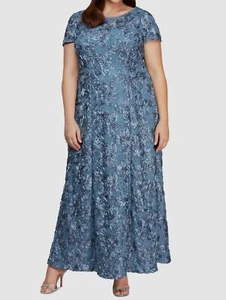 Alex Evenings Women's Blue Rosette Lace Short Sleeve A-Line Dress Plus Size 14W - Picture 1 of 2