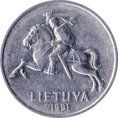 Lithuania; Obverse Lietuva 1991 Knight Horse Reverse 2 Centai with Spindle  - Image 1 of 3