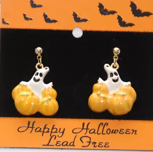 Orecchini Ghost in Pumpkin Post / Set tono oro / Halloween Jack O' Lantern - Foto 1 di 1