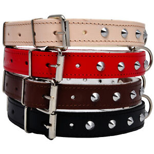 STUDDED Real LEATHER DOG PUPPY COLLAR BROWN BLACK NATURAL RED small medium large