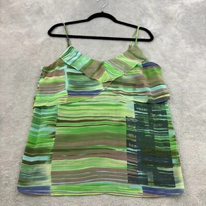 CAbi Spaghetti Strap Flutter Tiered Babydoll Top Womens M Green Brown Stripe Y2K - Picture 1 of 12
