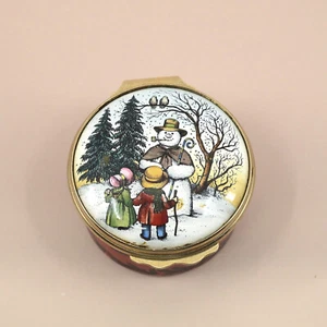 HALCYON DAYS 1977 Caja Anual de Navidad Esmalte Caja de Baratijas MUÑECO DE NIEVE Y NIÑOS Rojo - Imagen 1 de 8