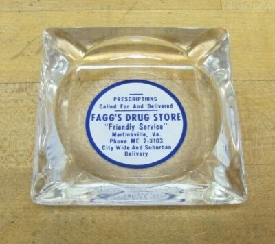 FAGG'S DRUG STORE Martinsville Va Old Advertising Glass Ashtray Phone ME 2-3103 - Image 1 of 4
