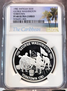 1982 ANTIGUA SILVER 30 DOLLARS GEORGE WASHINGTON YORK TOWN NGC PF 68 ULTRA CAMEO - Picture 1 of 3