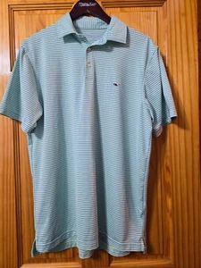 Vineyard Vines Mens 3-Button Sankaty Golf Polo Shirt Blue Green Stripe Medium - Picture 1 of 8
