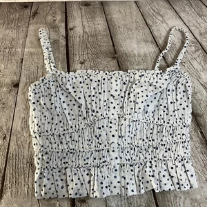 J Crew Smocked Camisole Tank Top Sz XS White & Blue Polka Dot Ruffle Cottagecore - Picture 1 of 7