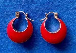 Silver 925 Earrings Hoops Red Sea Coral Inlay Hinged 4.3 g Stamped - Picture 1 of 7