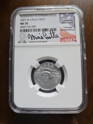2007 W $25 1/4 Oz PLATINUM American EAGLE Burnished Coin NGC MS70 Mike Castle - Image 1 of 3