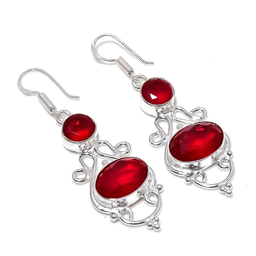 Red Grarnet Gemstone Handmade 925 Sterling Silver Jewelry Earrings Size 1.9" - Image 1 of 1