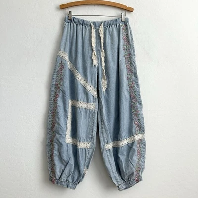 POL Pants Small Jogger Harem Denim Baggy Pockets Floral Embroidered Lace Blue - Image 1 of 4