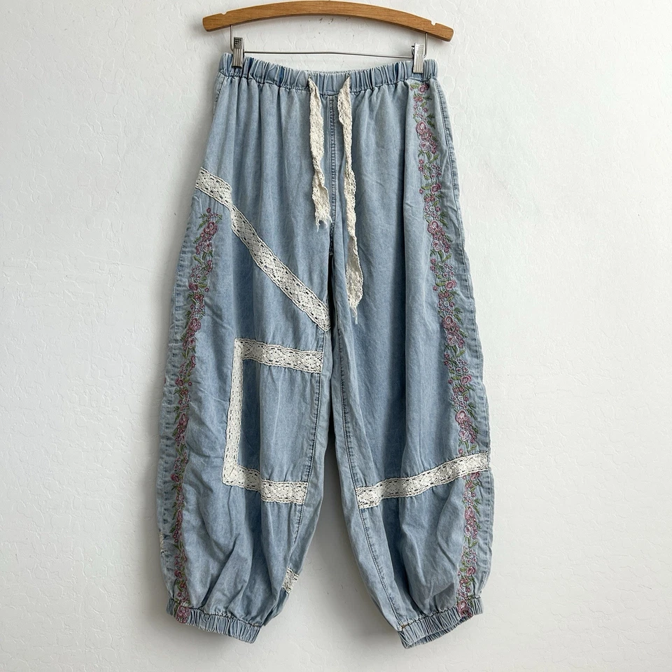 Pantalones POL Pequeños Jogger Harén Denim Bolsillos Sueltos Floral Bordado Encaje Azul Foto 1 de 4
