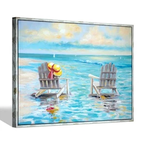 Abstract Beach Canvas Wall Art Coastal Chairs Artwork Seascape Painting Woodg... - Picture 1 of 6