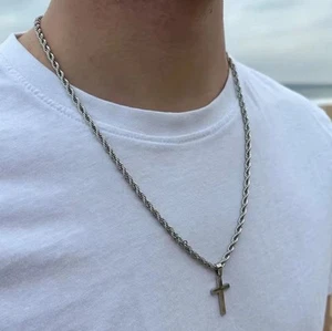 Mens Stainless Steel Cross Necklace Rope Chain Pendant Jewelry - Picture 1 of 2