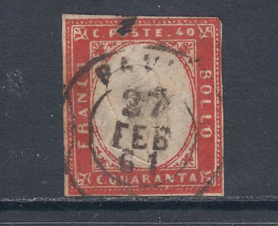 Cerdeña Sc 13b usado. 1860 40c carmín rey Víctor Manuel III, sonido, F-VF Foto 1 de 2