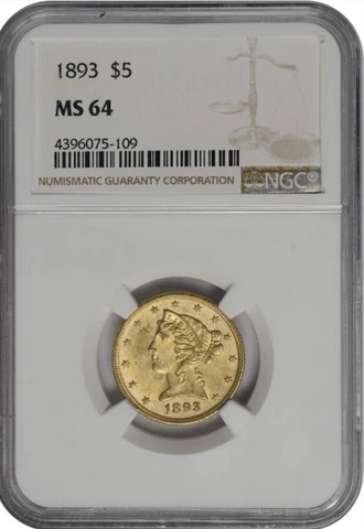 1893 $5 GOLD LIBERTY HEAD HALF EAGLE NGC  MS 64 Cover