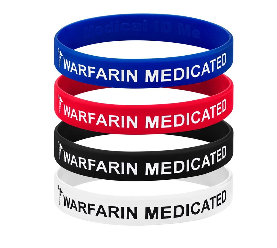 4 PACK Warfarin Anticoagulant Medical Alert Wristband Bracelet Blood Thinner UK