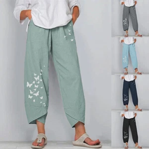 Summer Womens Ladies Cotton Linen Baggy Casual Harem Pants Trousers Plus Size A - Picture 1 of 18