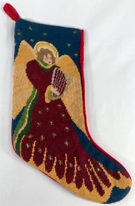 Hand Stitched Christmas Stocking Angel With Harp 100% Wool & Velvet 11“x18” EUC - Picture 1 of 4