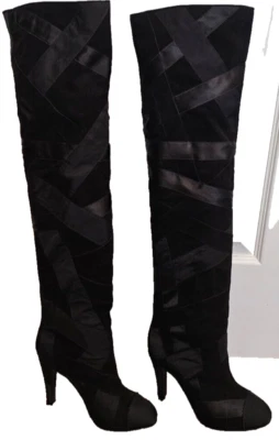 香奈儿黑色麂皮绒和丝带拼布过膝靴 - 尺码 38 (7) - 全新! — 第 1/4 张图片