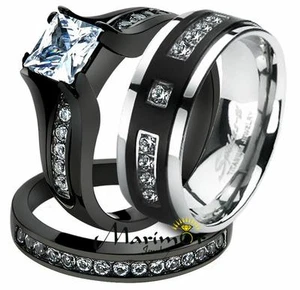 His Her Schwarz Edelstahl Braut Verlobungsring Set & Titan Ehering - Bild 1 von 8