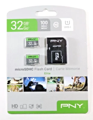 32GB Micro SDHC Memory Two Class 10 Cards w/ Adapter New PNY Elite Multi-Pack - Image 1 of 2