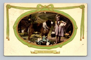 Auguri di Pasqua - Cesto di uova e il suo cane bambina - c.1912 DB Cartolina - Foto 1 di 2