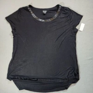 SIMPLY EMMA Short Sleeve Shirt Black with Ribbon Collar High/Low Hem 1X - Picture 1 of 7