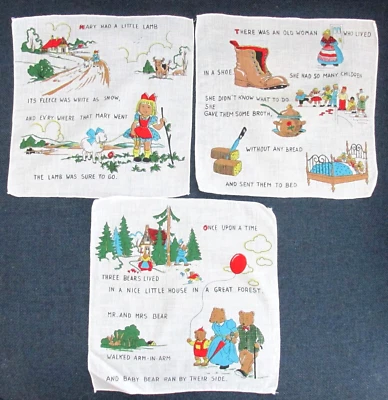 3 Vintage Children's Nursery Rhyme 9" Hankies- Mary Had a Little Lamb, etc - Image 1 of 4