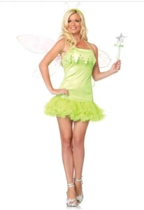 Green Fairy Sexy Tinkerbell Halloween Costume Tink Halter Dress Petticoat Studs - Picture 1 of 7