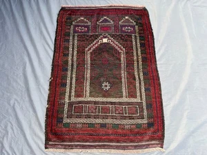 3x4'4 ft Antiker Baluchi Teppich - Handgeknüpfter Gebetsteppich, Niederflor, Used Rug - Bild 1 von 9