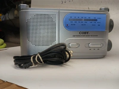 Coby AM FM Weather Band Receiver CX38C Silver Portable Radio Antenna AC/DC Cord# - Image 1 of 4