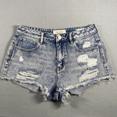 Pantalones Cortos PacSun Para Mujer 26 Azul Tiro Alto Festival Corto Desgastado Dobladillo Deshilachado Foto 1 de 4
