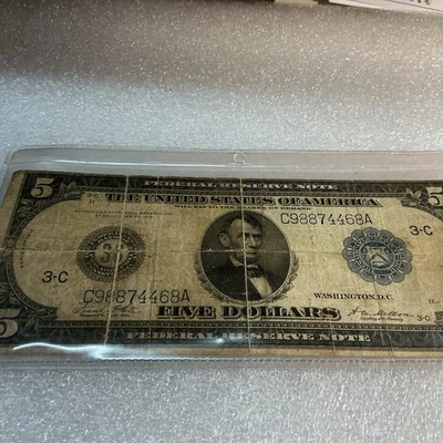 $5 1914 Philadelphia Pa. Federal Reserve Large Bank Note Currency Bill 3-C - Image 1 of 4